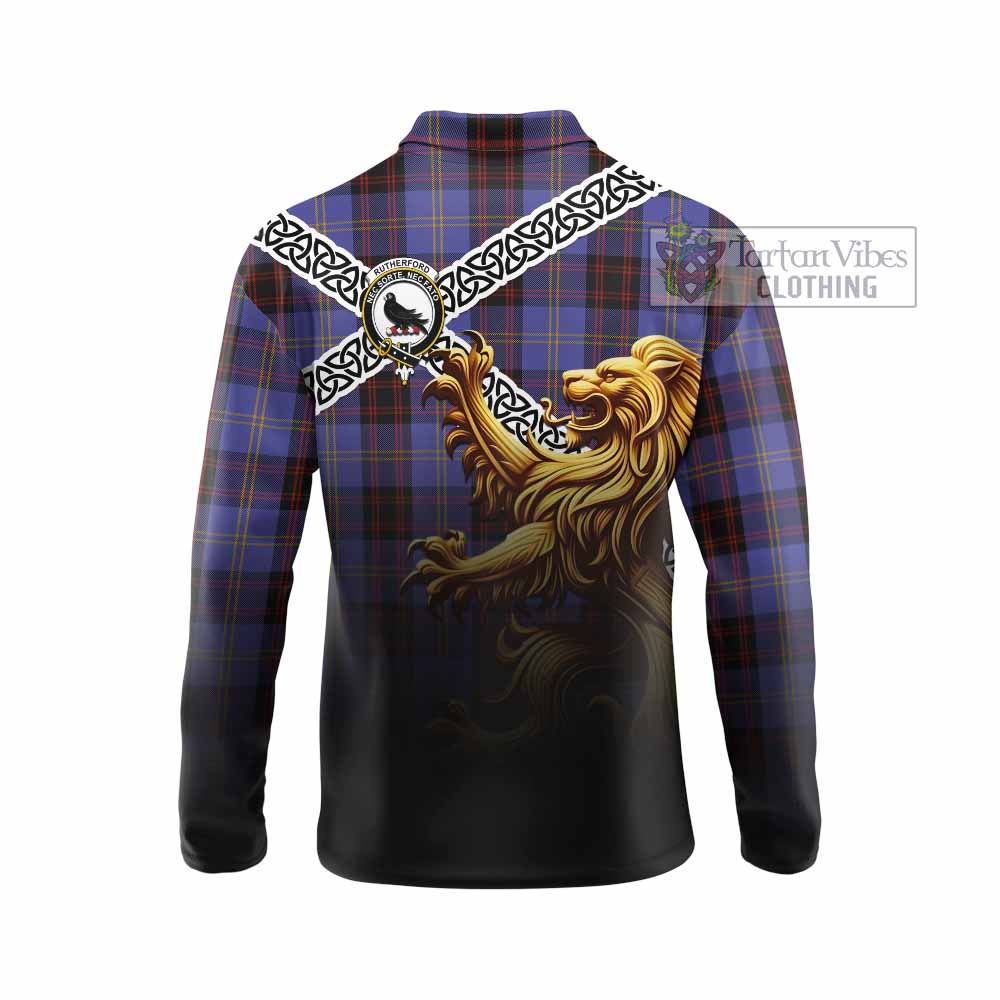 Rutherford Crest Tartan Long Sleeve Polo Shirt with Golden Lion Emblem Celtic Style - Tartan Vibes Clothing