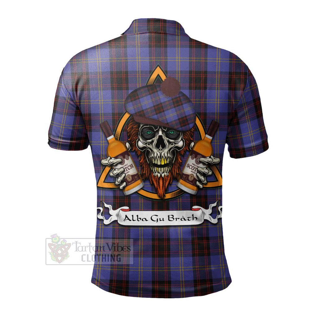 Tartan Vibes Clothing Rutherford Tartan Polo Shirt with Family Crest and Bearded Skull Holding Bottles of Whiskey