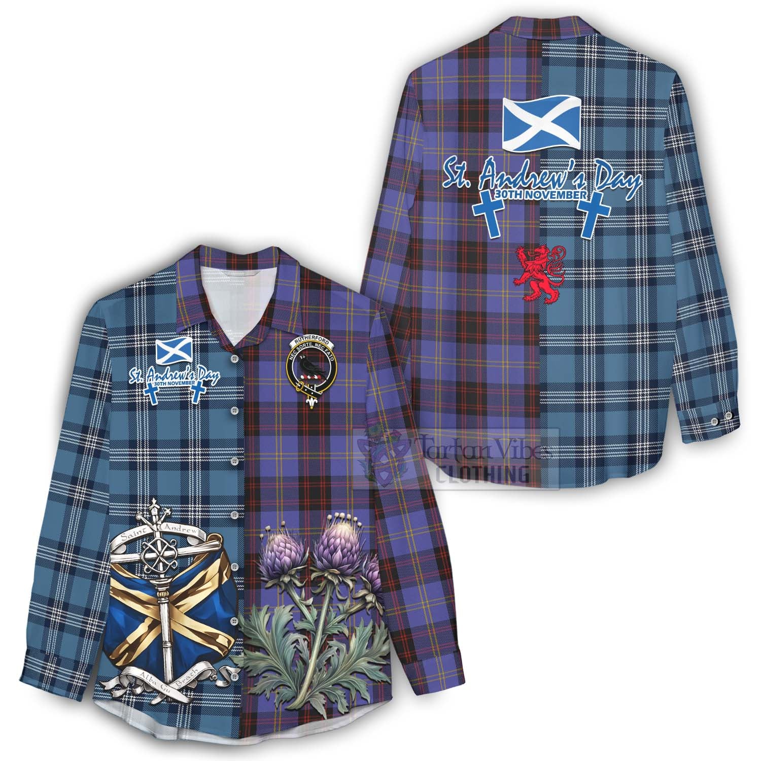 Tartan Vibes Clothing Rutherford Tartan Women's Casual Shirt Happy St. Andrew's Day Half Tartan Style
