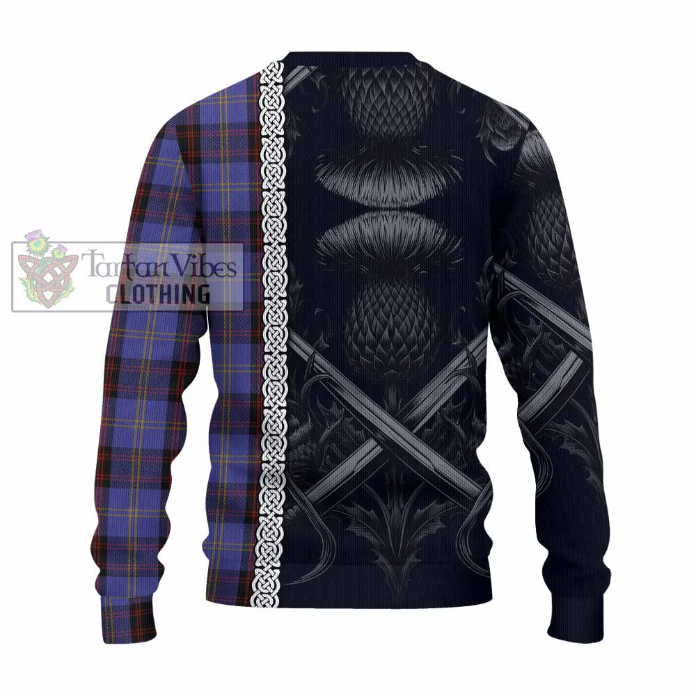 Tartan Vibes Clothing Rutherford Tartan Knitted Sweater with Family Crest Cross Sword Thistle Celtic Vibes