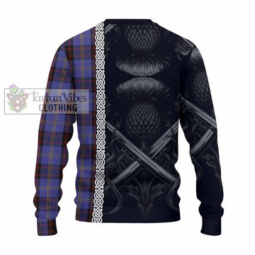 Tartan Vibes Clothing Rutherford Tartan Knitted Sweater with Family Crest Cross Sword Thistle Celtic Vibes