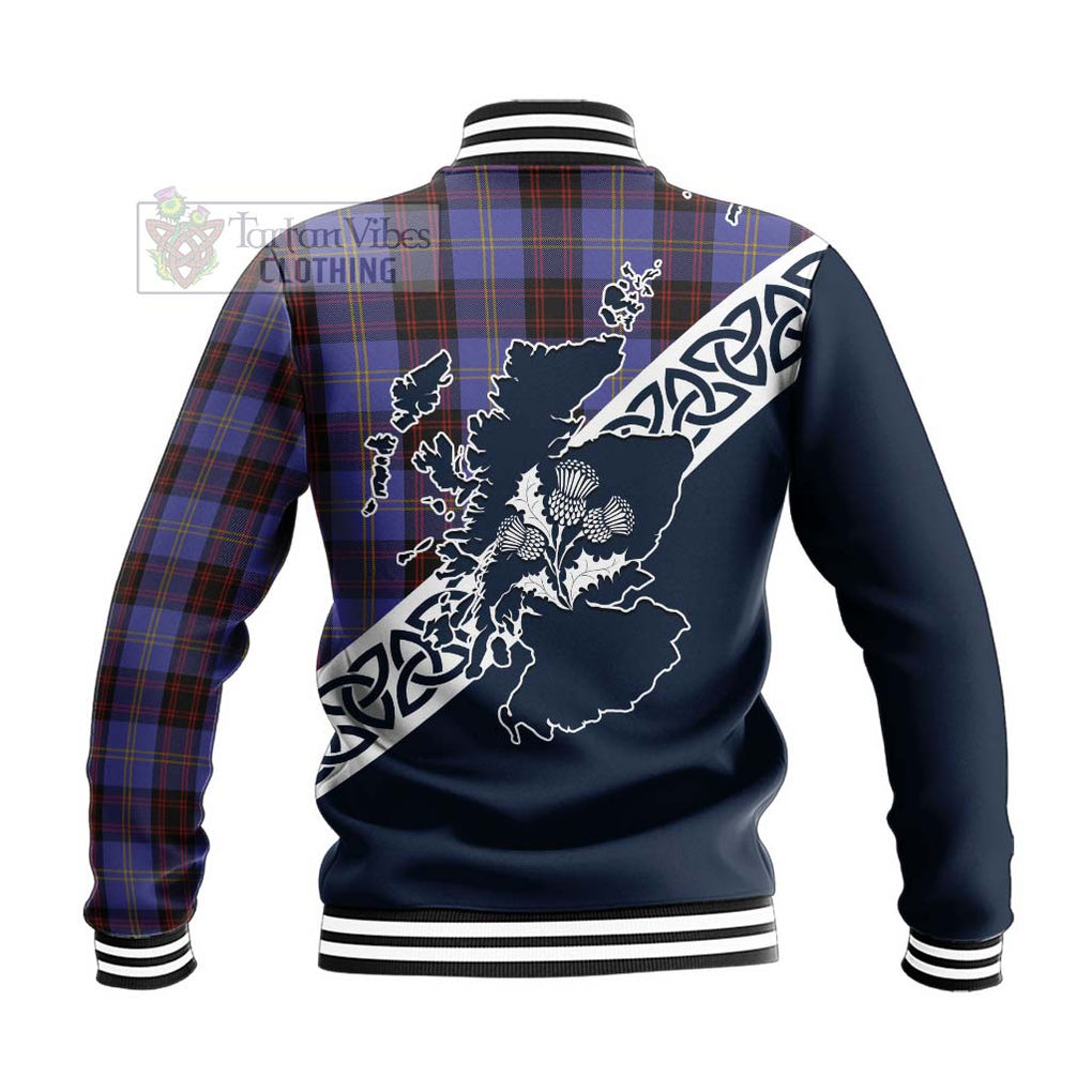 Tartan Vibes Clothing Rutherford Tartan Baseball Jacket Featuring Thistle and Scotland Map