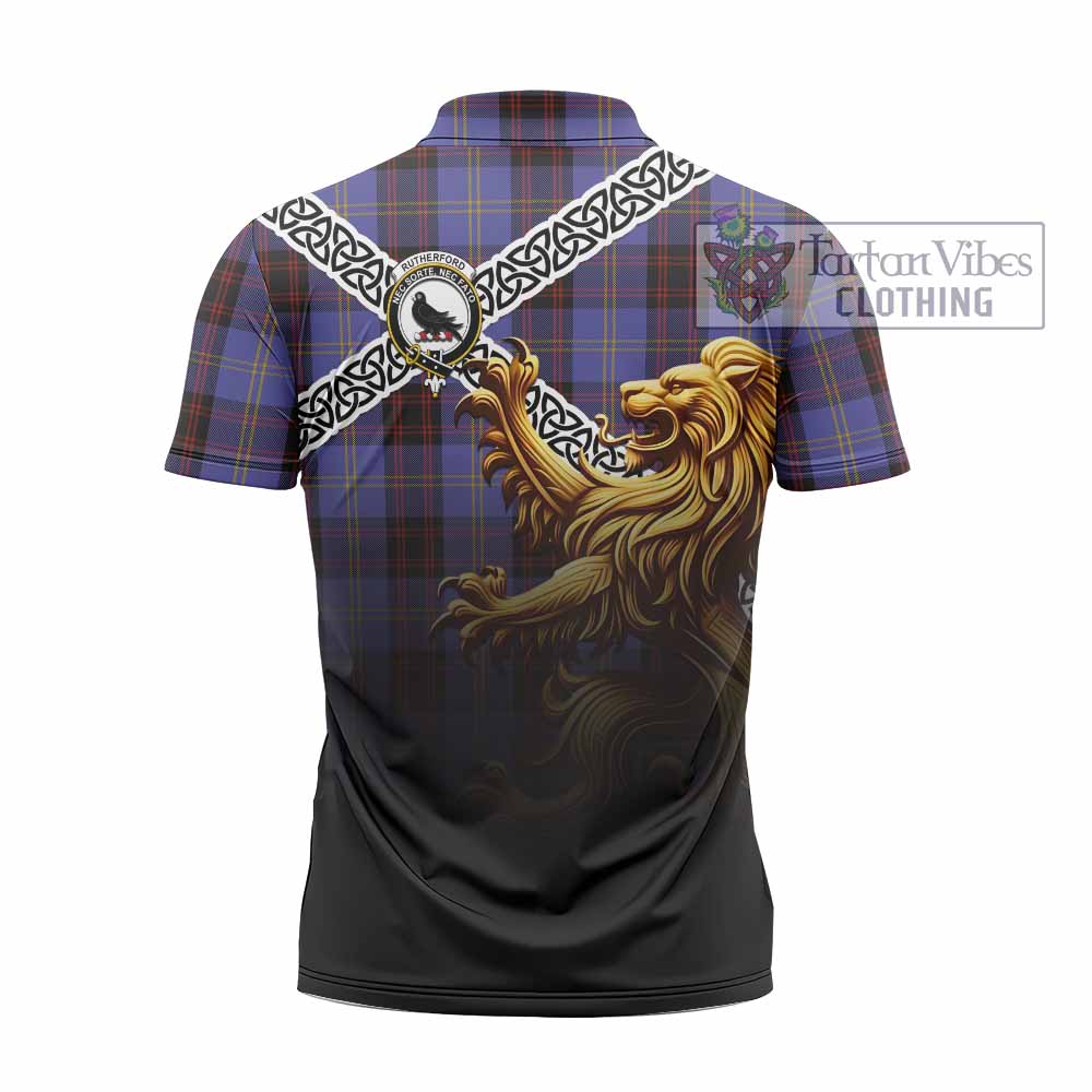 Tartan Vibes Clothing Rutherford Crest Tartan Zipper Polo Shirt with Golden Lion Emblem Celtic Style