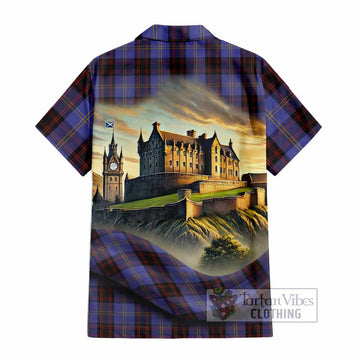 Tartan Vibes Clothing Rutherford Tartan Family Crest Short Sleeve Button Shirt with Scottish Ancient Castle Style