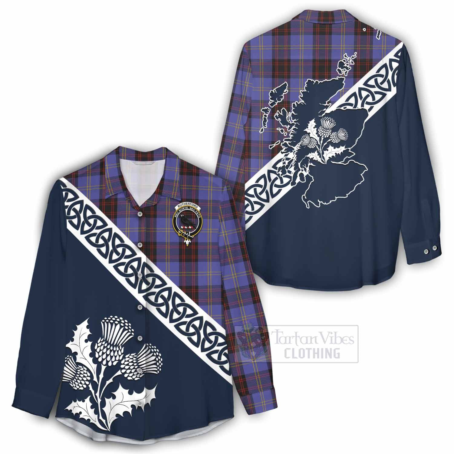 Tartan Vibes Clothing Rutherford Tartan Women's Casual Shirt Featuring Thistle and Scotland Map