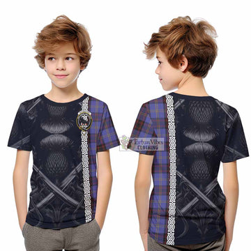 Tartan Vibes Clothing Rutherford Tartan Kid T-Shirt with Family Crest Cross Sword Thistle Celtic Vibes