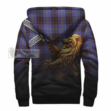 Rutherford Crest Tartan Sherpa Hoodie with Golden Lion Emblem Celtic Style