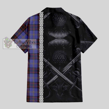 Tartan Vibes Clothing Rutherford Tartan Short Sleeve Button Shirt with Family Crest Cross Sword Thistle Celtic Vibes