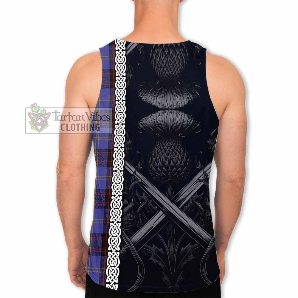 Tartan Vibes Clothing Rutherford Tartan Men's Tank Top with Family Crest Cross Sword Thistle Celtic Vibes
