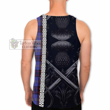 Tartan Vibes Clothing Rutherford Tartan Men's Tank Top with Family Crest Cross Sword Thistle Celtic Vibes