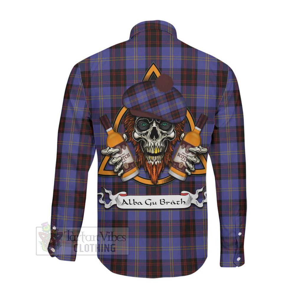 Tartan Vibes Clothing Rutherford Tartan Long Sleeve Button Shirt with Family Crest and Bearded Skull Holding Bottles of Whiskey
