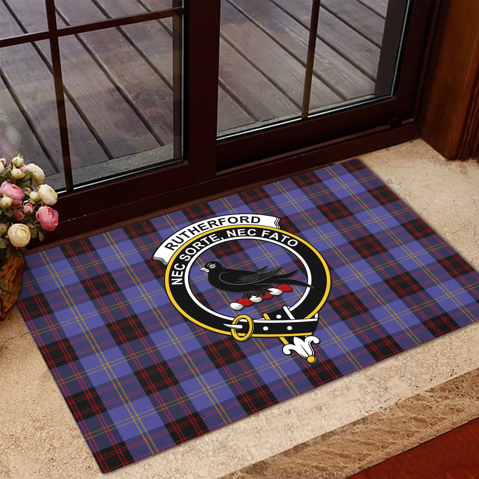 Rutherford Tartan Door Mat with Family Crest - Tartanvibesclothing Shop