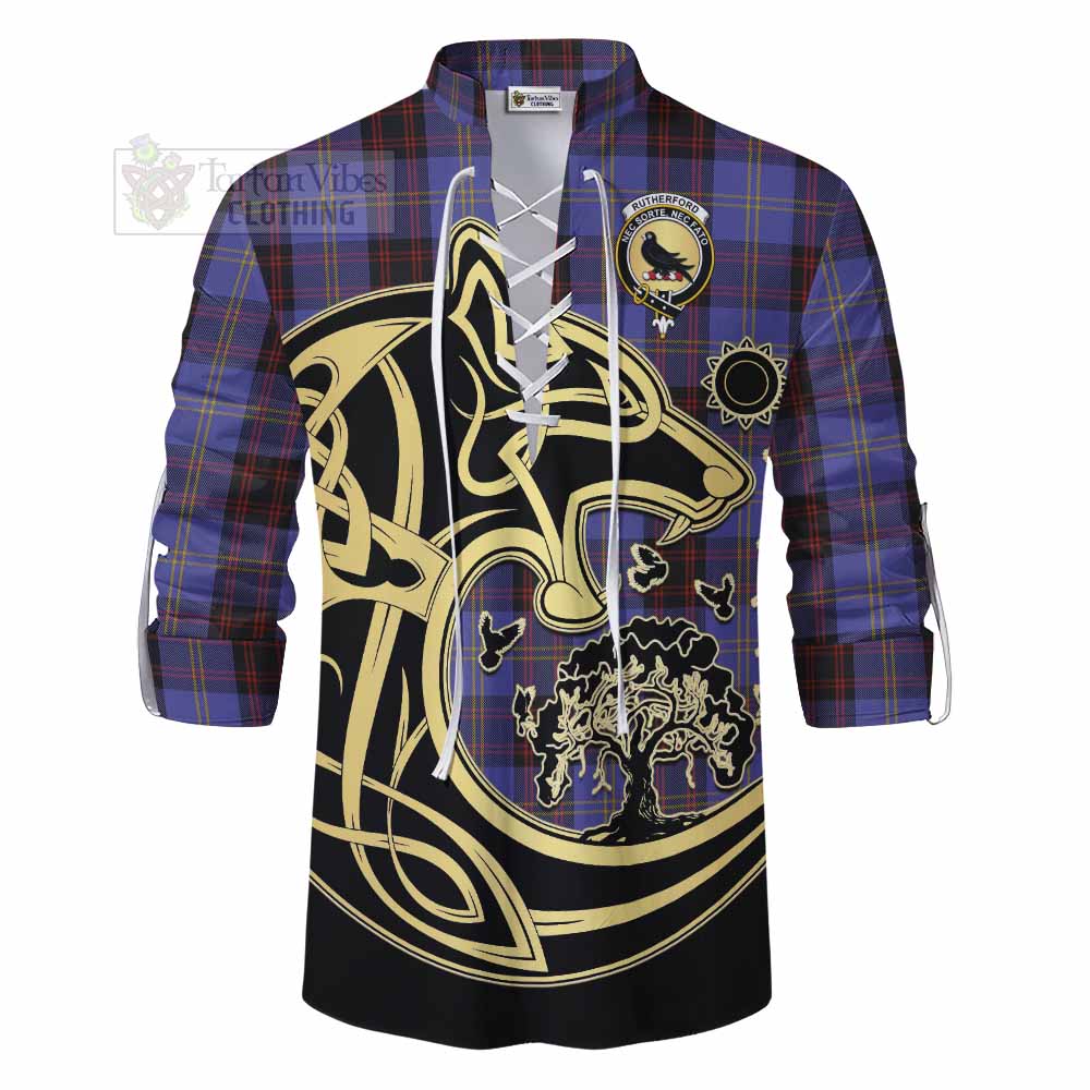 Tartan Vibes Clothing Rutherford Tartan Ghillie Kilt Shirt with Family Crest Celtic Wolf Style
