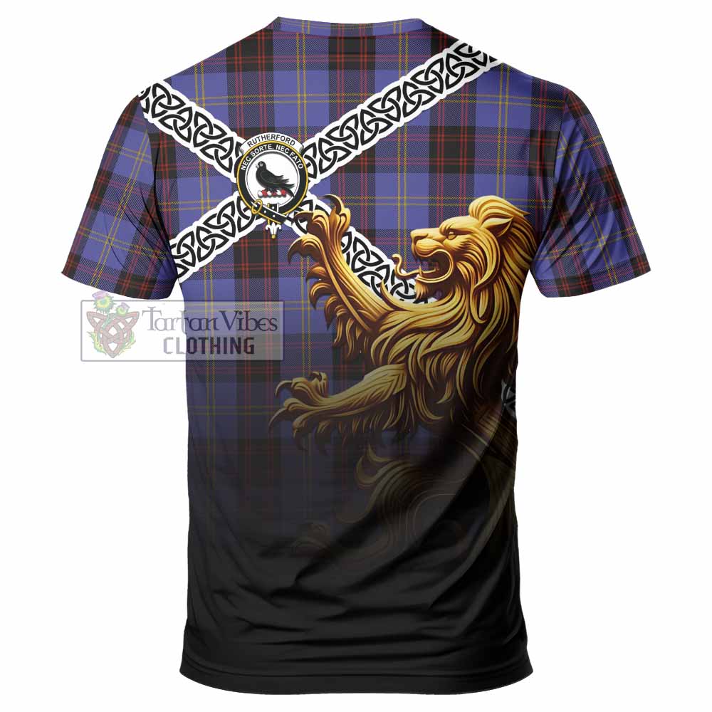 Tartan Vibes Clothing Rutherford Crest Tartan T-Shirt with Golden Lion Emblem Celtic Style