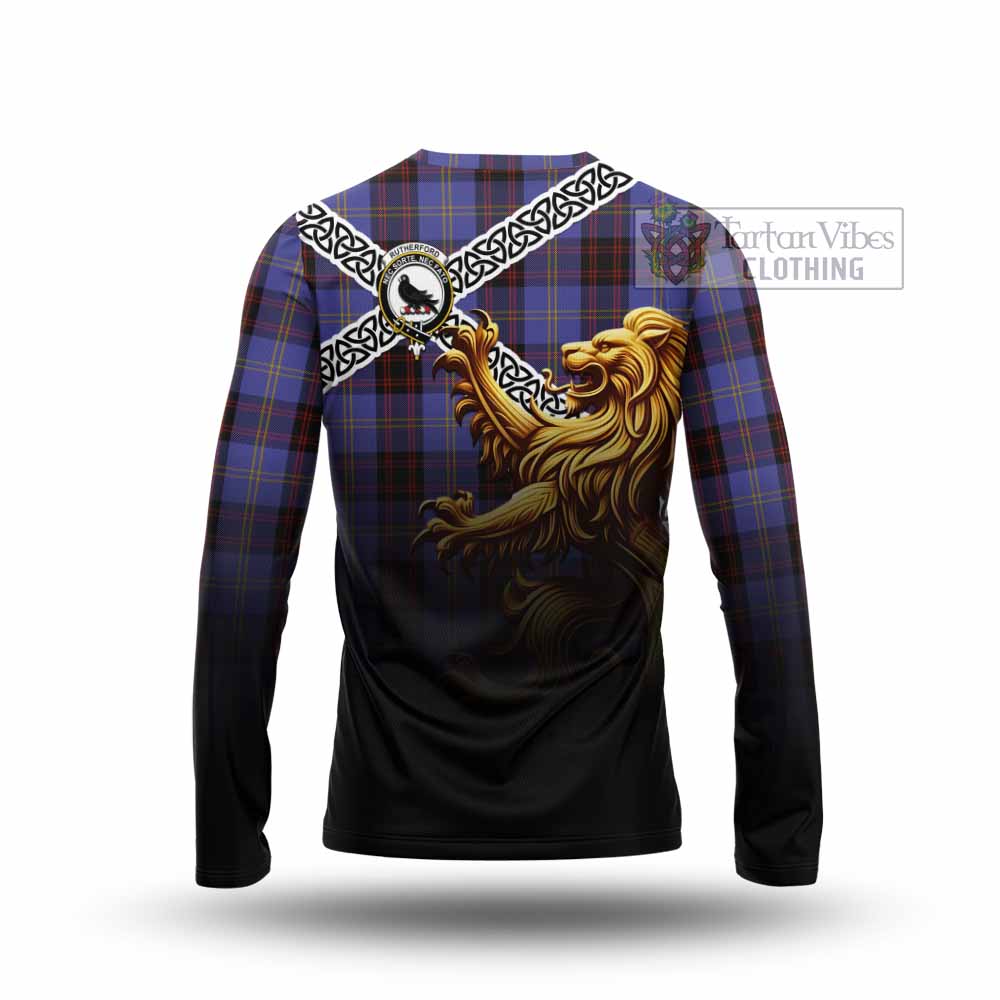 Tartan Vibes Clothing Rutherford Crest Tartan Long Sleeve T-Shirt with Golden Lion Emblem Celtic Style