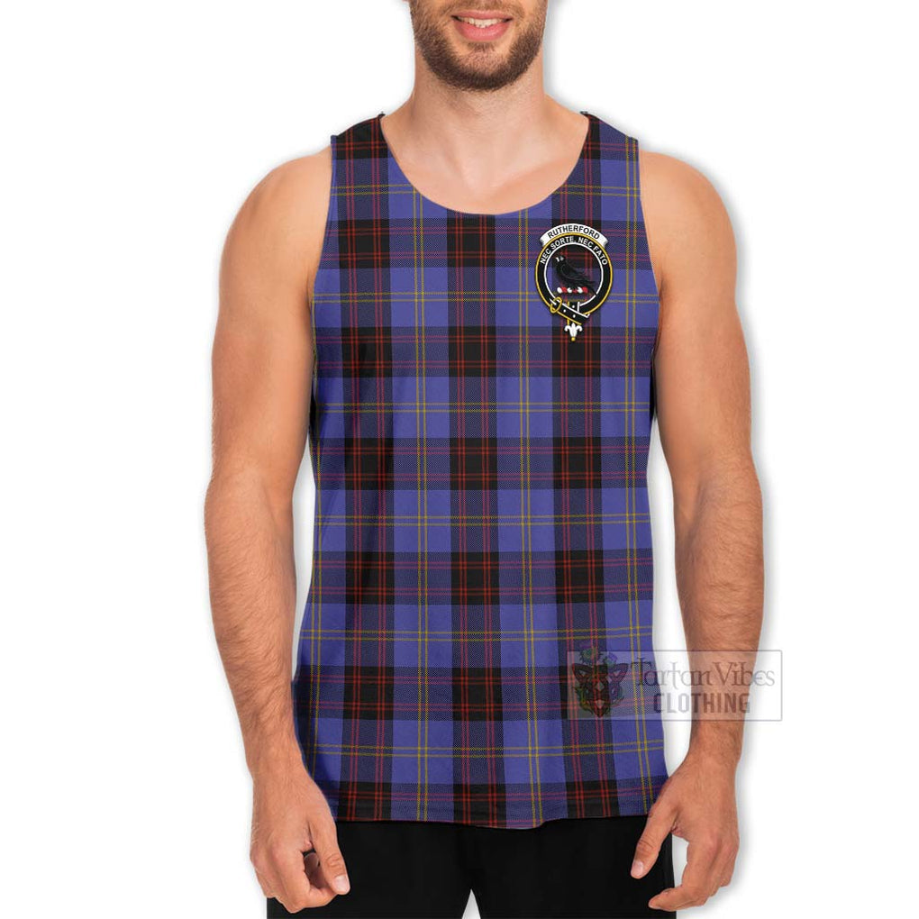 Tartan Vibes Clothing Rutherford Tartan Men's Tank Top with Family Crest and Bearded Skull Holding Bottles of Whiskey