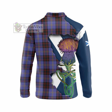 Tartan Vibes Clothing Rutherford Tartan Family Crest Long Sleeve Polo Shirt Scottish Thistle Celtic Inspired