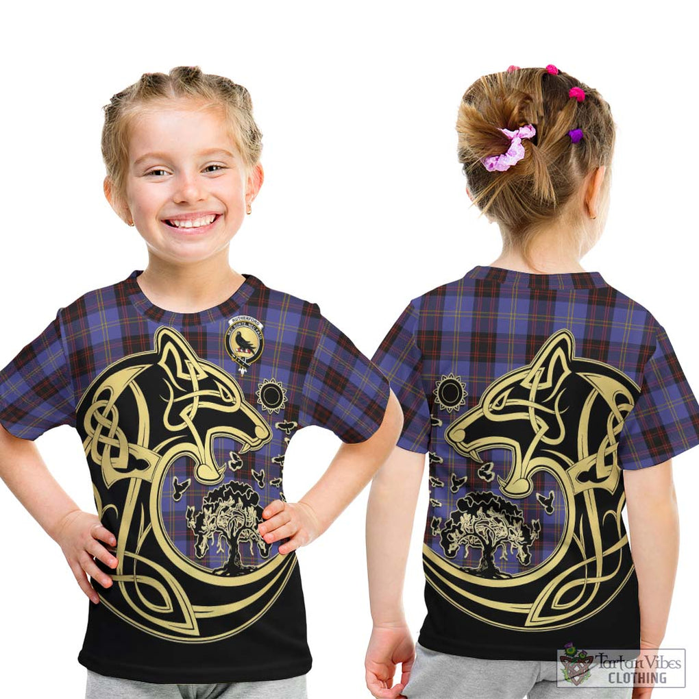 Rutherford Tartan Kid T-Shirt with Family Crest Celtic Wolf Style - Tartan Vibes Clothing