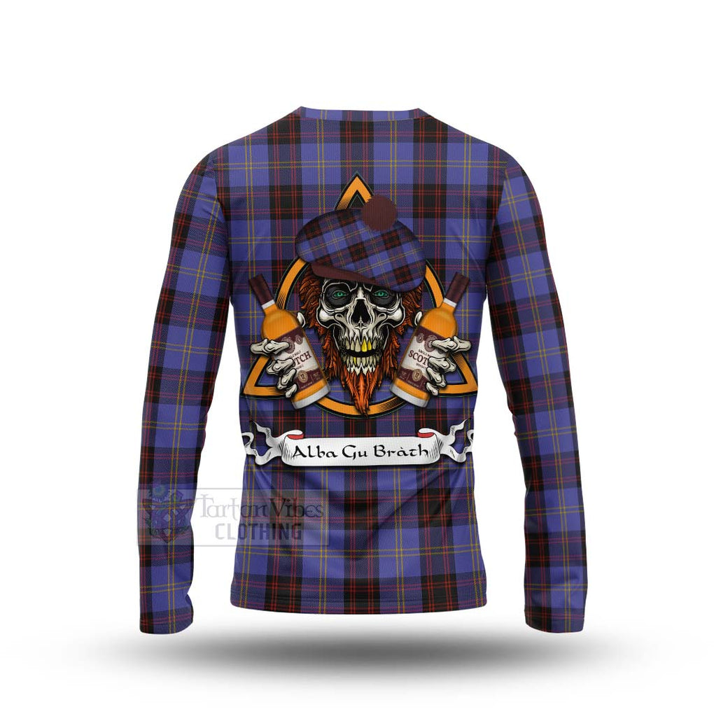 Tartan Vibes Clothing Rutherford Tartan Long Sleeve T-Shirt with Family Crest and Bearded Skull Holding Bottles of Whiskey