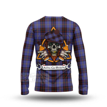 Tartan Vibes Clothing Rutherford Tartan Long Sleeve T-Shirt with Family Crest and Bearded Skull Holding Bottles of Whiskey