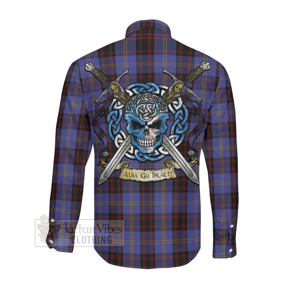 Tartan Vibes Clothing Rutherford Tartan Long Sleeve Button Shirt with Family Crest Celtic Skull Style