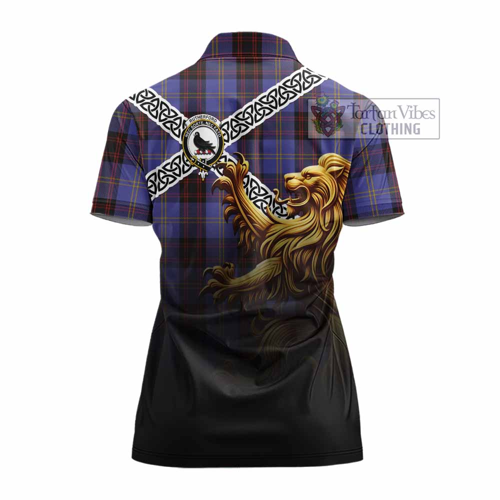 Tartan Vibes Clothing Rutherford Crest Tartan Women's Polo Shirt with Golden Lion Emblem Celtic Style