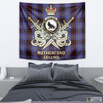 Rutherford Tartan Tapestry with Clan Crest and the Golden Sword of Courageous Legacy