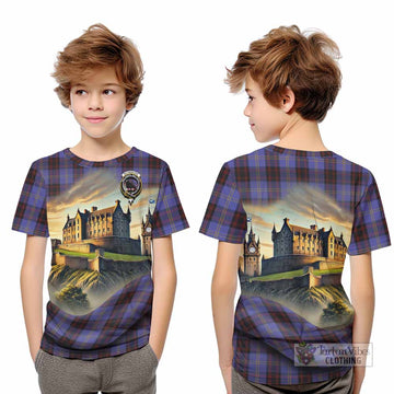 Tartan Vibes Clothing Rutherford Tartan Family Crest Kid T-Shirt with Scottish Ancient Castle Style