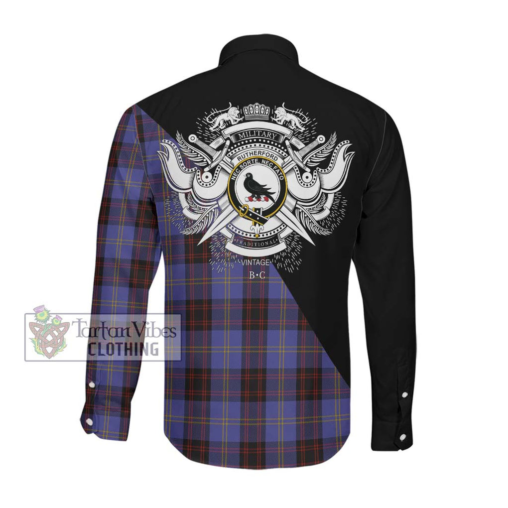 Rutherford Tartan Long Sleeve Button Shirt with Family Crest and Military Logo Style Men's Shirt - Tartanvibesclothing Shop