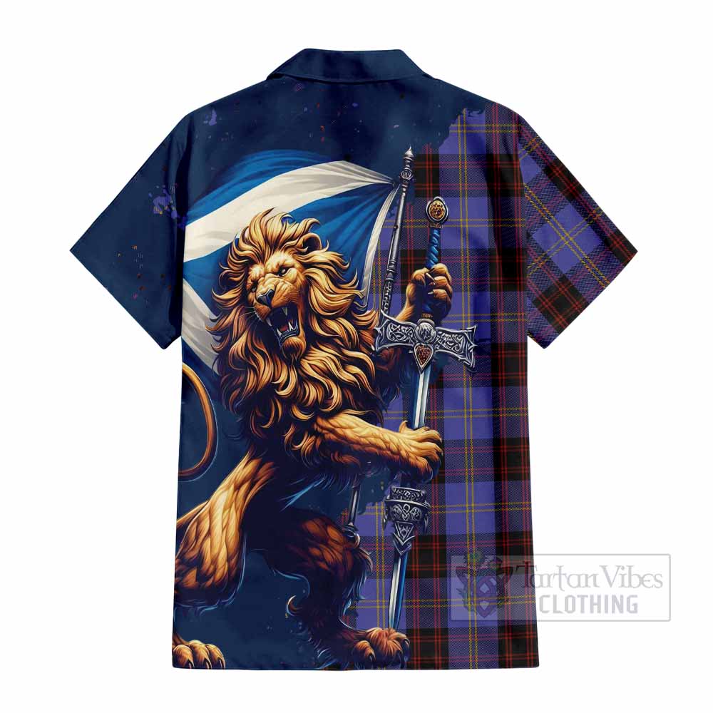 Tartan Vibes Clothing Rutherford Tartan Family Crest Short Sleeve Button Shirt with Scottish Majestic Lion