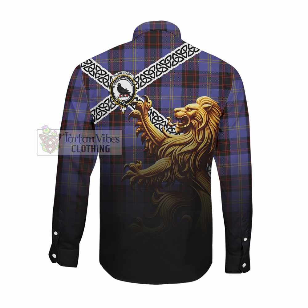 Tartan Vibes Clothing Rutherford Crest Tartan Long Sleeve Button Shirt with Golden Lion Emblem Celtic Style