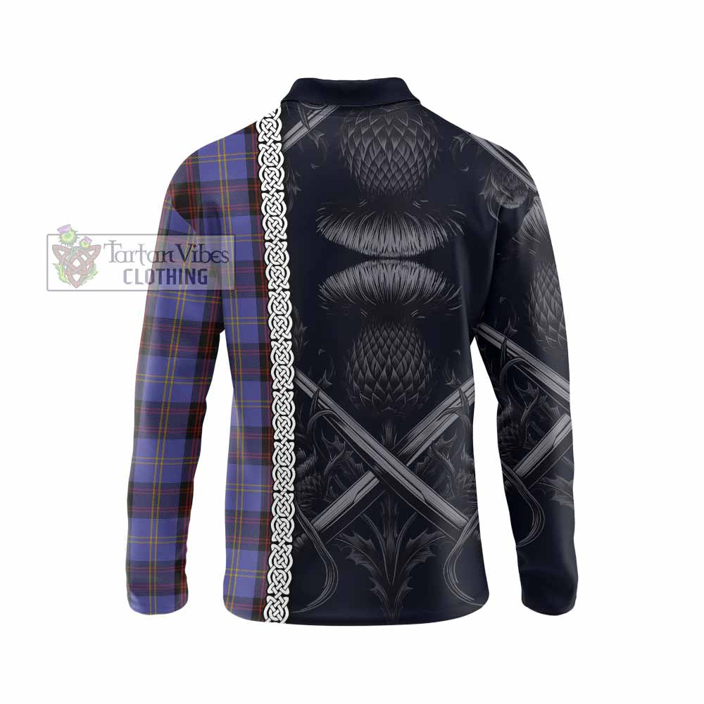 Tartan Vibes Clothing Rutherford Tartan Long Sleeve Polo Shirt with Family Crest Cross Sword Thistle Celtic Vibes