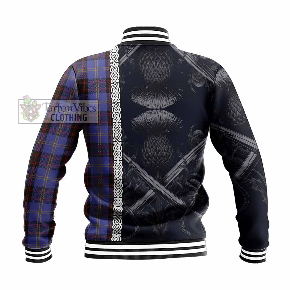 Tartan Vibes Clothing Rutherford Tartan Baseball Jacket with Family Crest Cross Sword Thistle Celtic Vibes
