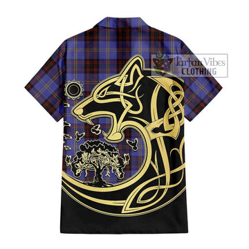 Rutherford Tartan Short Sleeve Button Shirt with Family Crest Celtic Wolf Style - Tartan Vibes Clothing