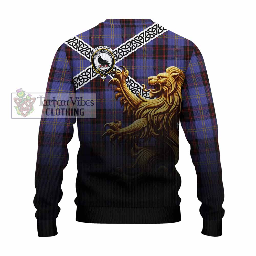 Tartan Vibes Clothing Rutherford Crest Tartan Knitted Sweater with Golden Lion Emblem Celtic Style