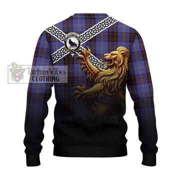 Tartan Vibes Clothing Rutherford Crest Tartan Knitted Sweater with Golden Lion Emblem Celtic Style