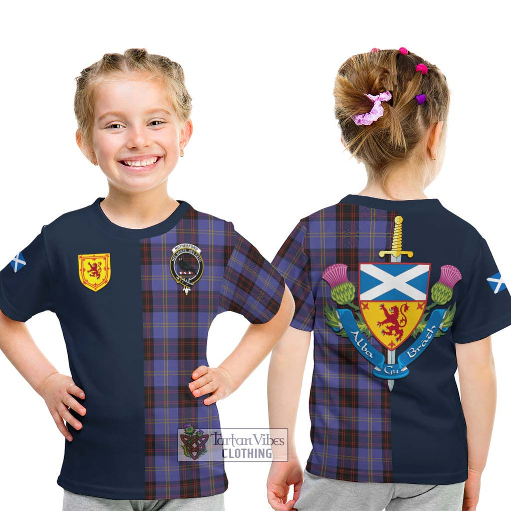 Tartan Vibes Clothing Rutherford Tartan Kid T-Shirt with Scottish Lion Royal Arm Half Style