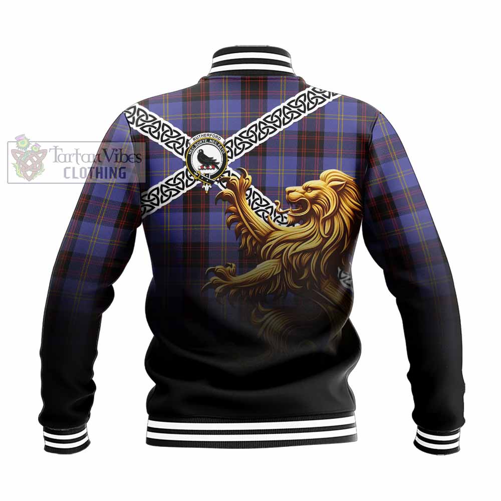 Tartan Vibes Clothing Rutherford Crest Tartan Baseball Jacket with Golden Lion Emblem Celtic Style