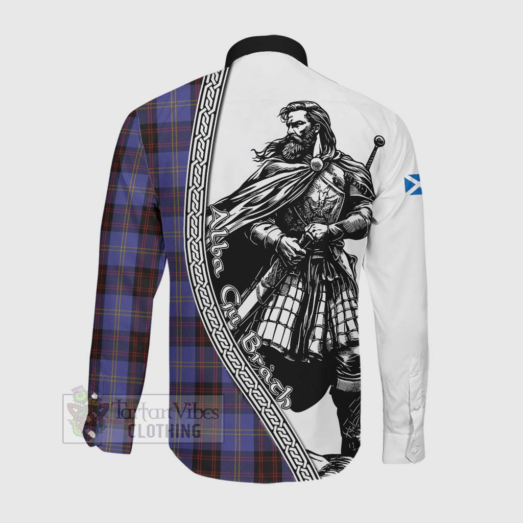 Tartan Vibes Clothing Rutherford Tartan Clan Crest Long Sleeve Button Shirt with Highlander Warrior Celtic Style