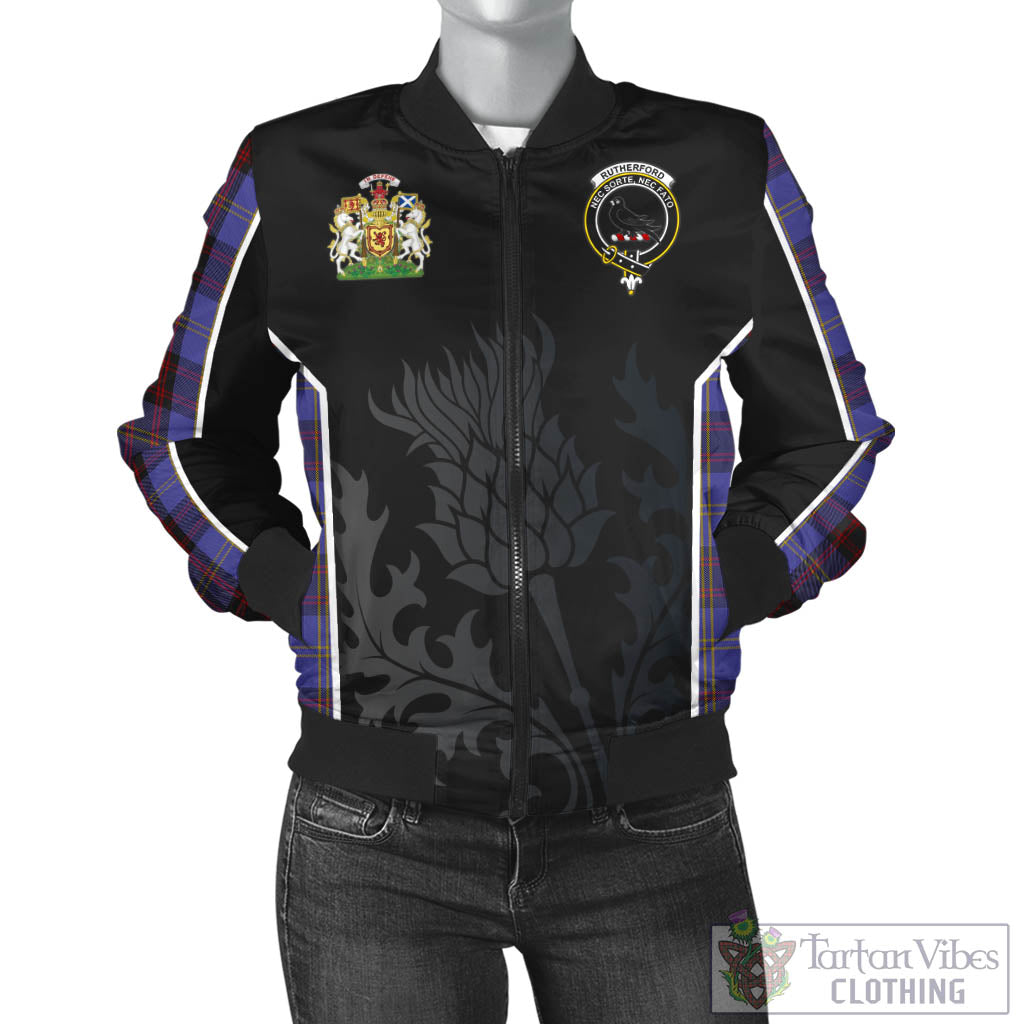 Tartan Vibes Clothing Rutherford Tartan Bomber Jacket with Family Crest and Scottish Thistle Vibes Sport Style