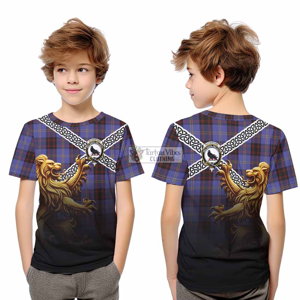 Tartan Vibes Clothing Rutherford Crest Tartan Kid T-Shirt with Golden Lion Emblem Celtic Style