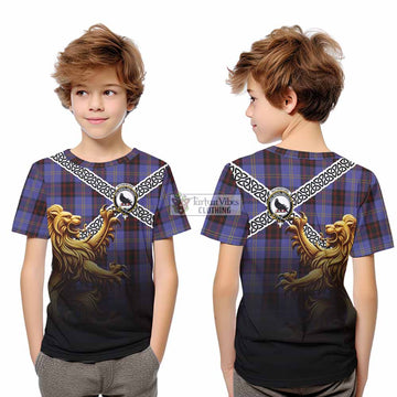 Tartan Vibes Clothing Rutherford Crest Tartan Kid T-Shirt with Golden Lion Emblem Celtic Style