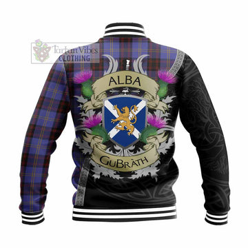 Tartan Vibes Clothing Rutherford Tartan Family Crest Baseball Jacket Lion Rampant Royal Thistle Shield Celtic Inspired