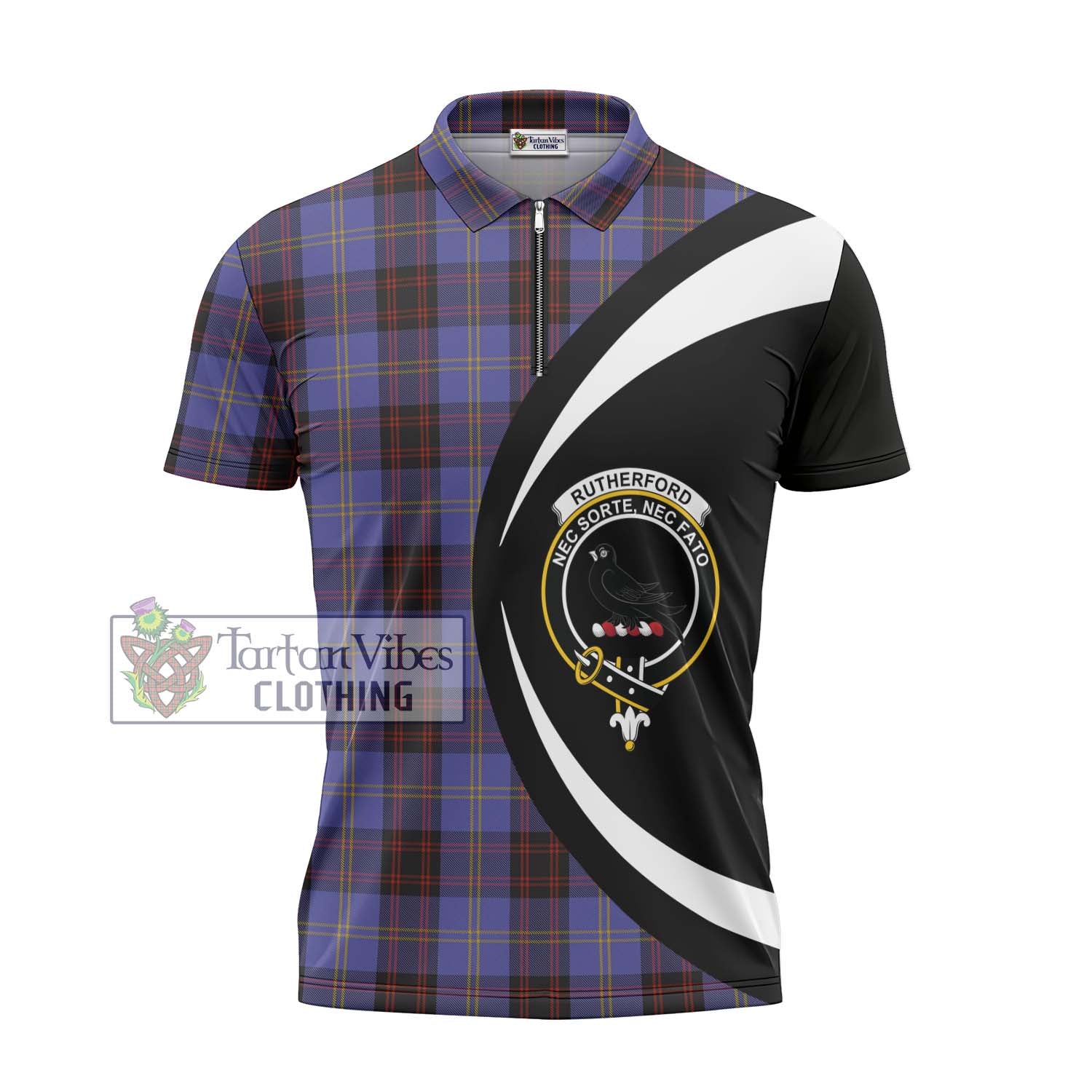 Rutherford Tartan Zipper Polo Shirt with Family Crest Circle Style - Tartan Vibes Clothing