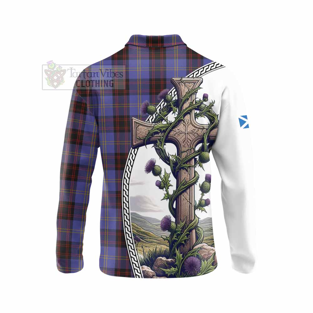 Tartan Vibes Clothing Rutherford Tartan Long Sleeve Polo Shirt with Family Crest and St. Andrew's Cross Accented by Thistle Vines
