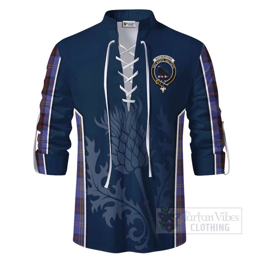 Tartan Vibes Clothing Rutherford Tartan Ghillie Kilt Shirt with Family Crest and Scottish Thistle Vibes Sport Style