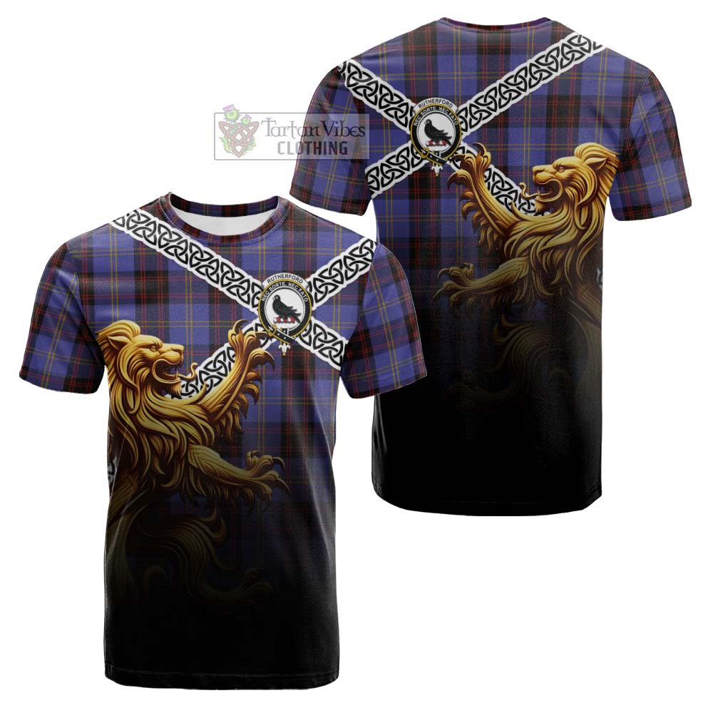 Tartan Vibes Clothing Rutherford Crest Tartan Cotton T-shirt with Golden Lion Emblem Celtic Style