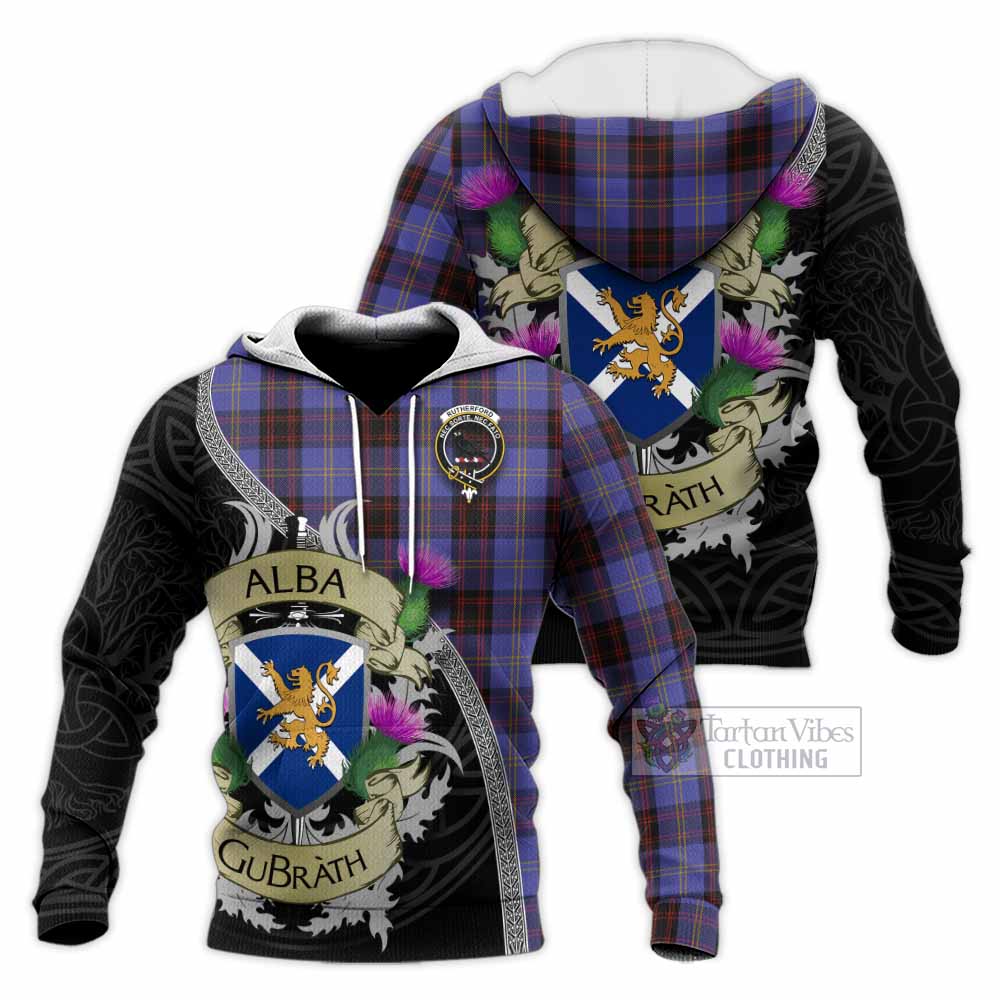 Tartan Vibes Clothing Rutherford Tartan Family Crest Knitted Hoodie Lion Rampant Royal Thistle Shield Celtic Inspired