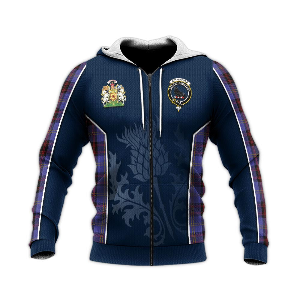 Tartan Vibes Clothing Rutherford Tartan Knitted Hoodie with Family Crest and Scottish Thistle Vibes Sport Style