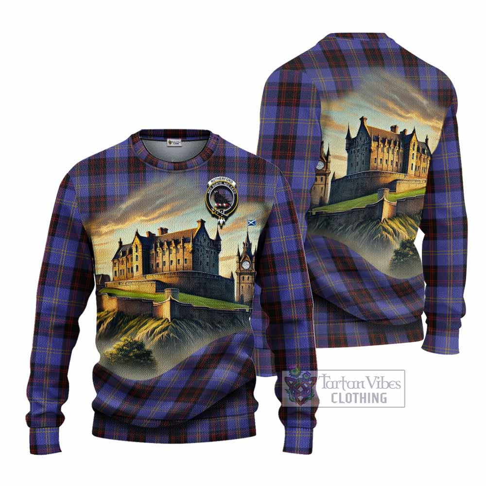 Tartan Vibes Clothing Rutherford Tartan Family Crest Knitted Sweater with Scottish Ancient Castle Style